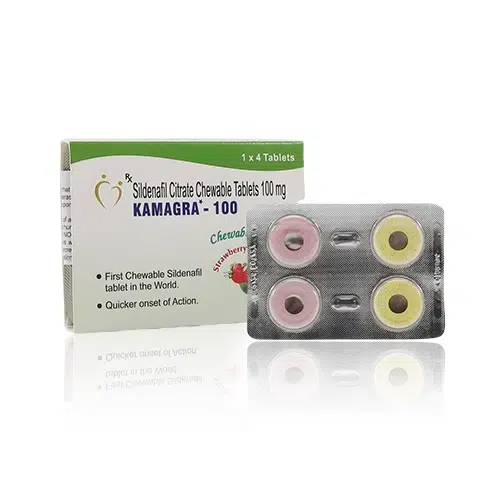 Kamagra Polo 威而鋼口溶片 100mg(4錠裝) Kamagra Polo 威而鋼口溶片 100mg(4顆)正面盒裝與藥錠展示圖