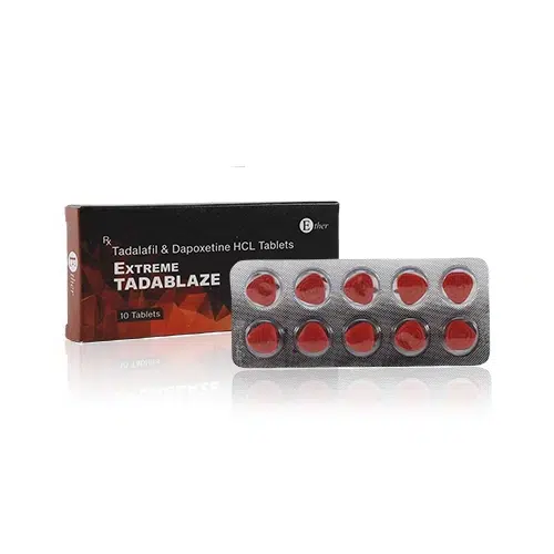 Extreme TADABLAZE雙效紅鑽藥品盒裝與鋁箔錠劑圖 超級犀利士紅鑽Extreme TADABLAZE雙效藥盒與紅色錠劑展示圖