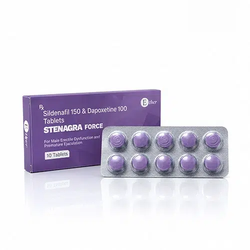 Stenagra Force 商品主圖,紫色藥盒與鋁箔藥板白底倒影展示 Stenagra Force 商品主圖,紫色藥盒與鋁箔藥板白底倒影展示