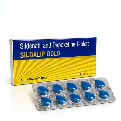 Sildalip Gold 西地那非達泊西汀雙效錠主圖 Sildalip Gold 西地那非與達泊西汀雙效錠產品包裝與藍色藥片展示圖