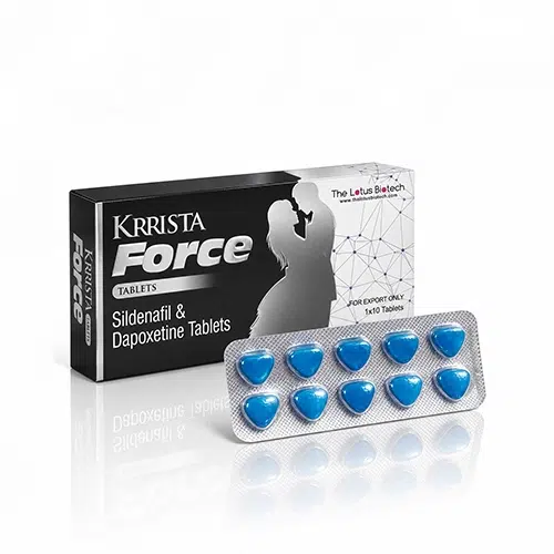 Krrista Force 商品主圖 Krrista Force 商品主圖,黑銀藥盒與藍色愛心藥錠鋁箔板白底倒影展示