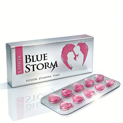 Krrista Blue Storm 120mg 外盒與藥錠展示圖 雙效犀利士粉色風暴 Krrista Blue Storm 120mg 外盒與粉色藥錠